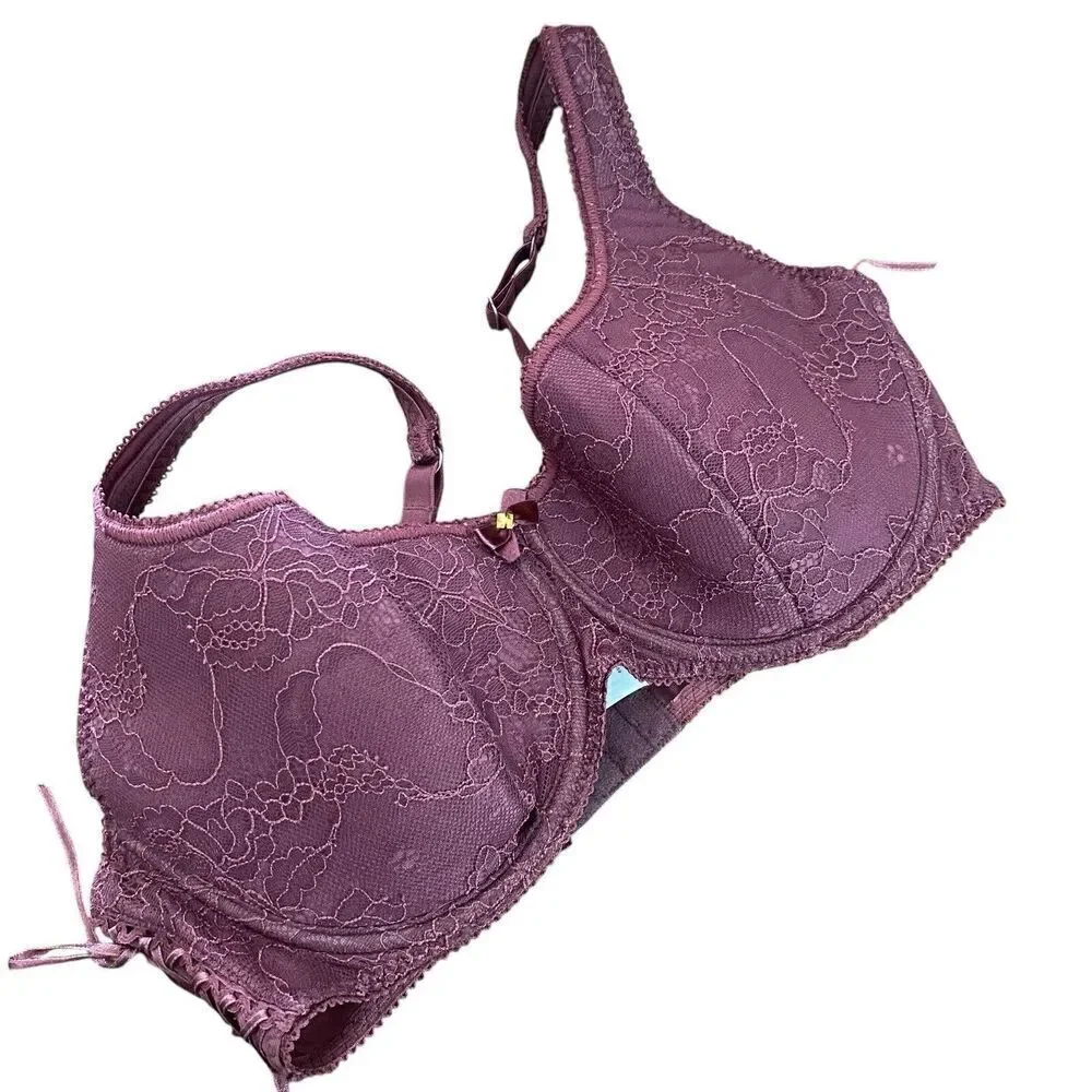 Alegro Bra 36 E Maroon Underwired Side Lacing Rhinestone Light Padding